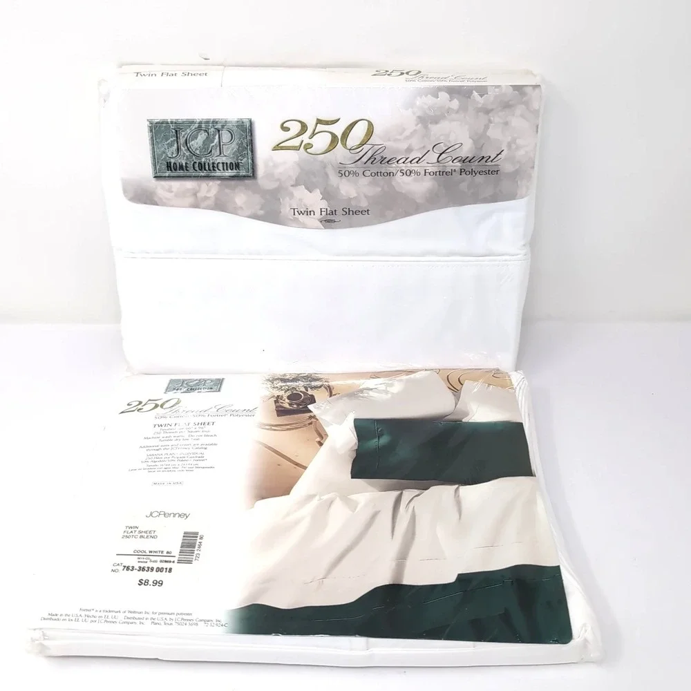 Lot of 2 Vtg JCP Home Collection Twin Flat Sheets Cool White 250 TC NEW NOS USA